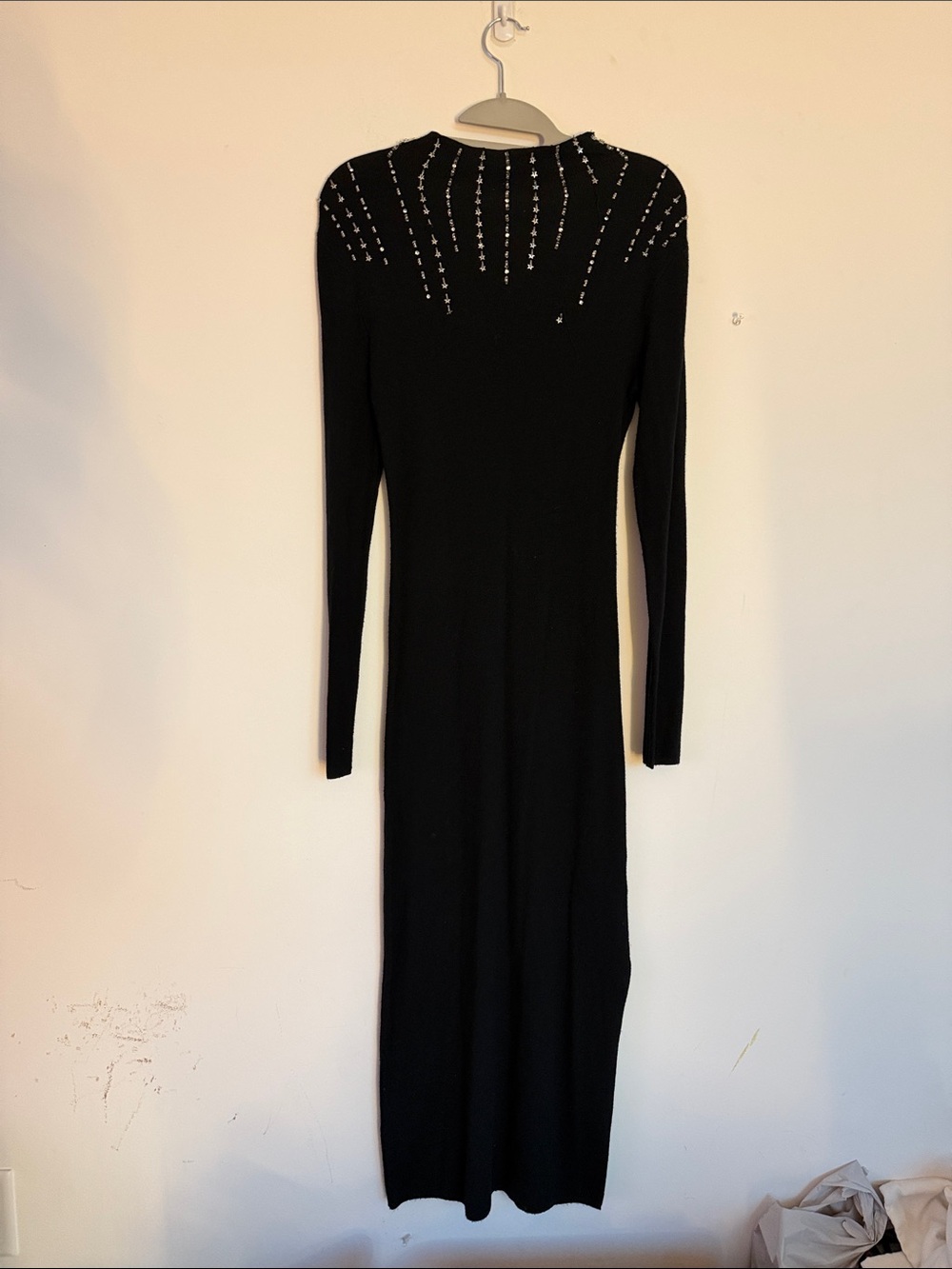 Betsey Johnson Black Long-Sleeve Maxi Dress with Embellished Neckline